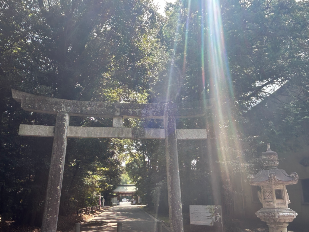 砥鹿神社里宮の鳥居に差し込む七色の美しい光