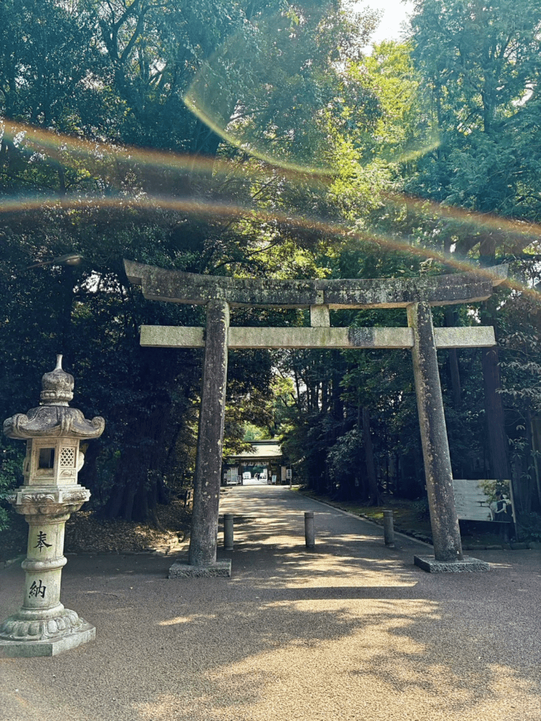 虹色の光がかかる砥鹿神社の里宮の鳥居