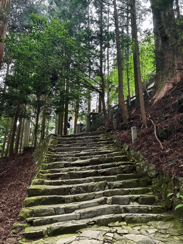 砥鹿神社奥宮へ続く霧に包まれた最後の階段に続く石段